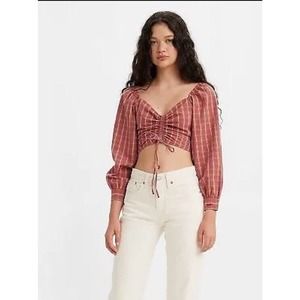 Levi's Women's Long Sleeve The Statement Blouse Slim Crop Top Plaid Size L NWT